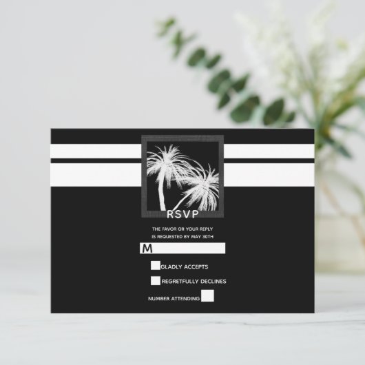 Zwart & Wit Tropische Palm Moderne Bruiloft RSVP (Staand voorkant)