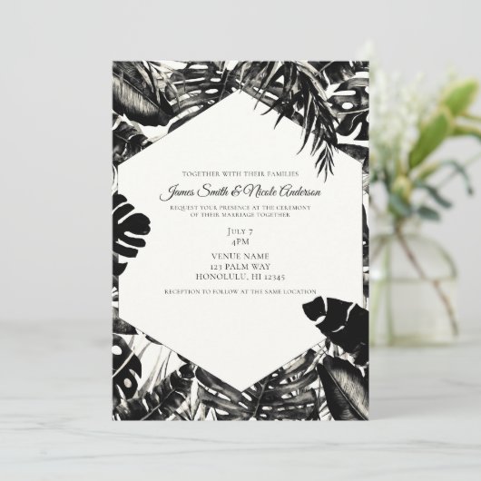 Zwart-wit tropische palmbladeren bruiloft kaart (Staand voorkant)