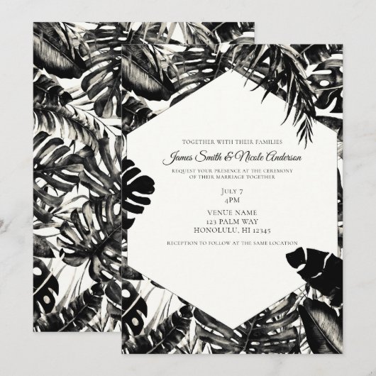 Zwart-wit tropische palmbladeren bruiloft kaart (Voorkant / Achterkant)