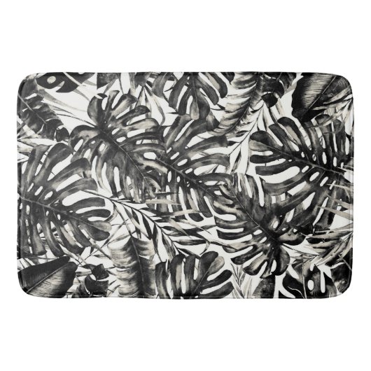 Zwart & Wit Tropische Palmbladeren Eiland Chic Badmat (Voorkant)
