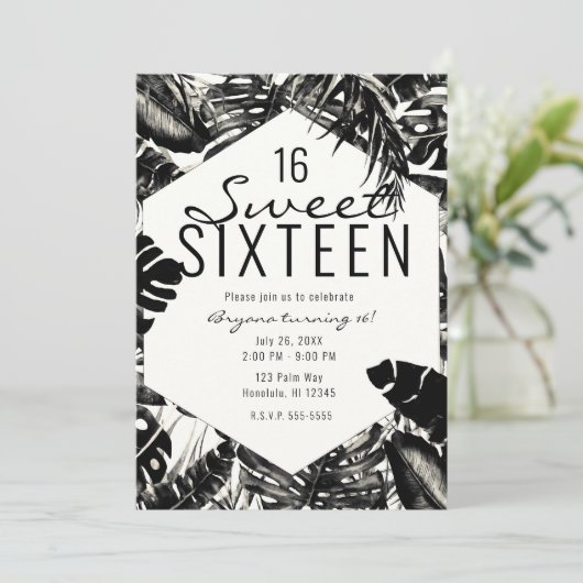 Zwart-wit tropische palmbladeren Sweet 16 Kaart (Staand voorkant)