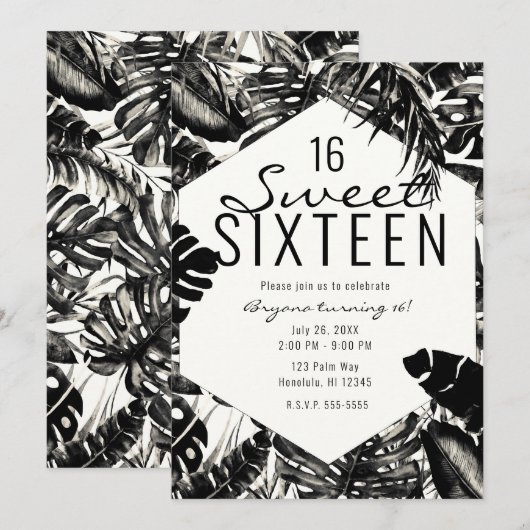 Zwart-wit tropische palmbladeren Sweet 16 Kaart (Voorkant / Achterkant)