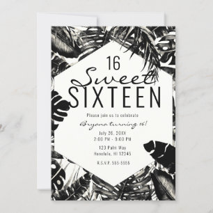 Zwart & Wit Tropische Palmbladeren Sweet 16 Kaart