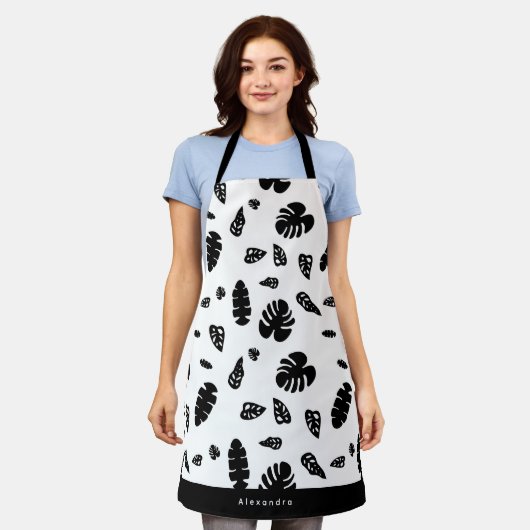 Zwart-wit tropische zomerbladeren patroon schort (Gedragen)