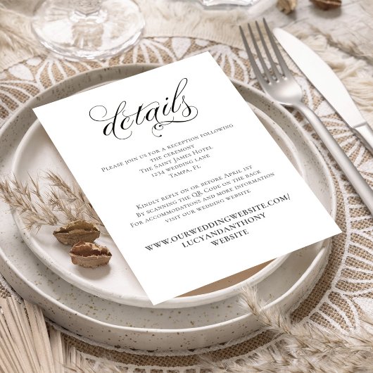 Zwart-wit trouwdetails QR-code RSVP Informatiekaartje