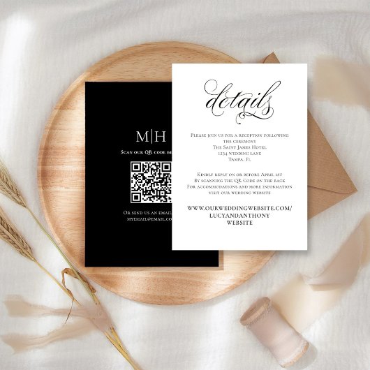 Zwart-wit trouwdetails QR-code RSVP Informatiekaartje