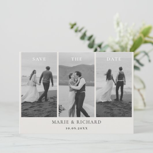Zwart-wit trouwfoto collage minimalistisch save the date (Staand voorkant)