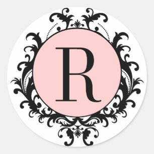 Zwart Wit Trouwmonogram R Damask Roze Label
