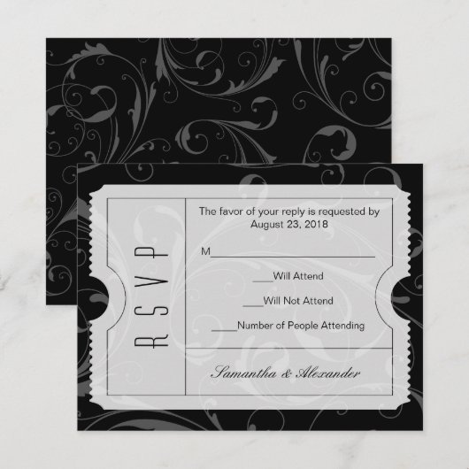 Zwart-wit trouwticket RSVP-kaart RSVP Kaartje (Voorkant / Achterkant)