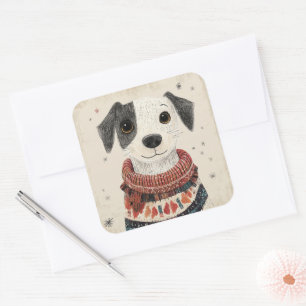 Zwart-wit trui puppy met sneeuw vierkante sticker
