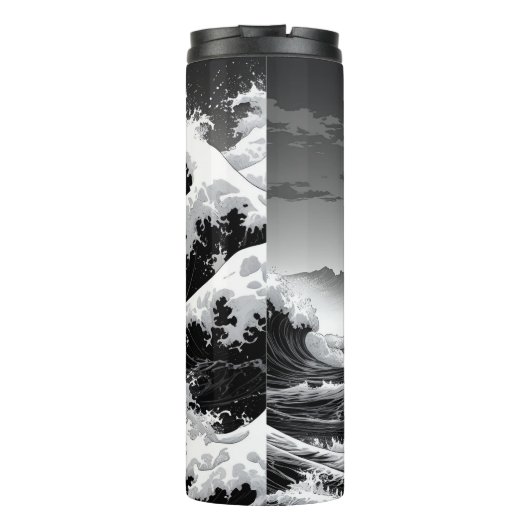 Zwart-wit tsunami golven thermosbeker (Achterkant)