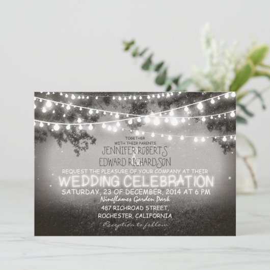 zwart-wit tuin lichten rustieke bruiloft kaart (Staand voorkant)