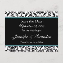Zwart Wit Turkoois Damask Save Date Briefkaart