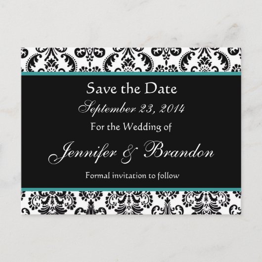 Zwart Wit Turkoois Damask Save Date Briefkaart (Voorkant)