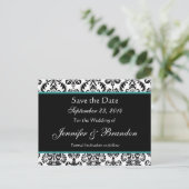 Zwart Wit Turkoois Damask Save Date Briefkaart (Staand voorkant)
