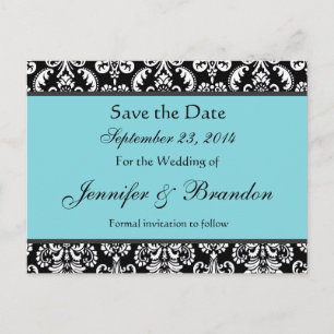 Zwart Wit Turkoois Damask Save Date Briefkaart
