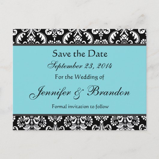 Zwart Wit Turkoois Damask Save Date Briefkaart (Voorkant)