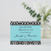 Zwart Wit Turkoois Damask Save Date Briefkaart (Staand voorkant)