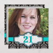 Zwart wit turquoise damask 21ste verjaardag foto kaart (Voorkant / Achterkant)