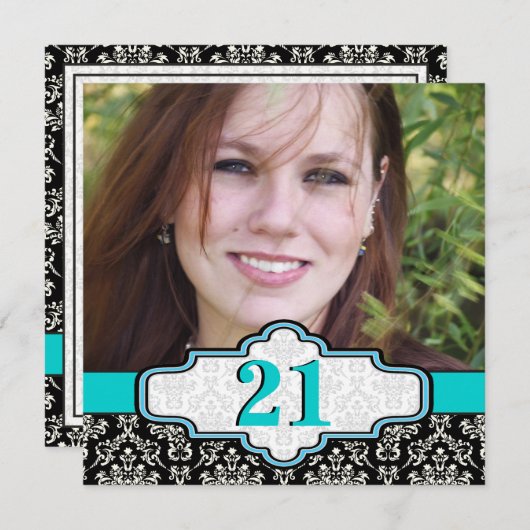 Zwart wit turquoise damask 21ste verjaardag foto kaart (Voorkant / Achterkant)