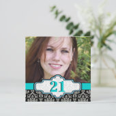 Zwart wit turquoise damask 21ste verjaardag foto kaart (Staand voorkant)