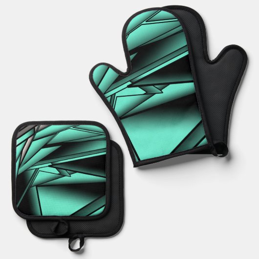 Zwart Wit Turquoise Ombre Moderne Abstracte kunst Ovenwant & Pannenlap Set (Voorkant / Achterkant)