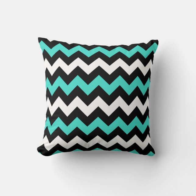 Zwart Wit Turquoise Zigzag Kussen (Voorkant)