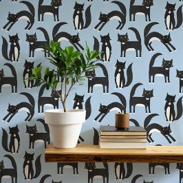 Zwart-wit Tuxedo Cat Blue Art Behang