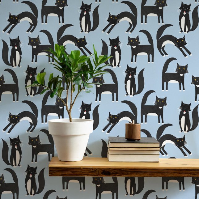Zwart-wit Tuxedo Cat Blue Art Behang (Black and white Tuxedo cat blue wallpaper)