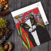 Zwart Wit Tuxedo Cat White Daisies Levendig Rood Briefkaart