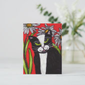 Zwart Wit Tuxedo Cat White Daisies Levendig Rood Briefkaart (Staand voorkant)