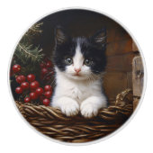 Zwart-wit Tuxedo Cat Winter Scene Schilderij Keramische Knop (Voorkant)
