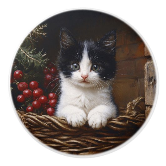 Zwart-wit Tuxedo Cat Winter Scene Schilderij Keramische Knop (Voorkant)