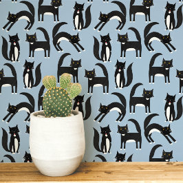 Zwart-wit Tuxedo Kat Blauw Kunst Behang