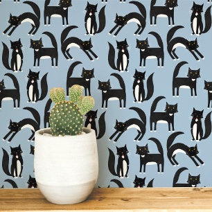 Zwart-wit Tuxedo Kat Blauw Kunst Behang