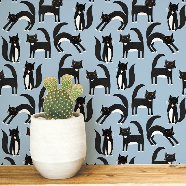 Zwart-wit Tuxedo Kat Blauw Kunst Behang (Black and white Tuxedo cat blue wallpaper)
