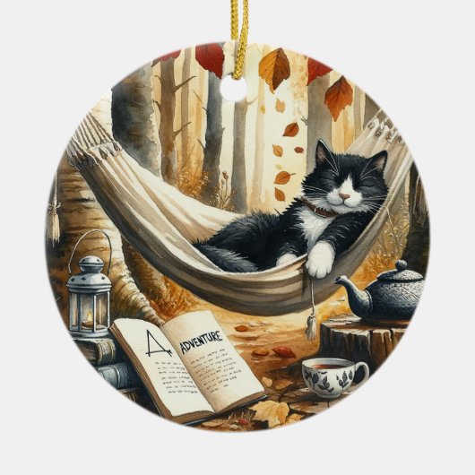 Zwart-wit Tuxedo Kat Dromen van Avontuur Keramisch Ornament (Voorkant)