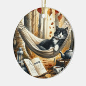 Zwart-wit Tuxedo Kat Dromen van Avontuur Keramisch Ornament (Links)