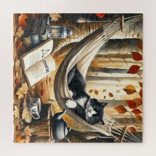 Zwart-wit Tuxedo Kat Dromen van Avontuur Legpuzzel (Horizontaal)