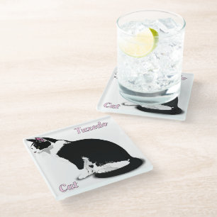 Zwart-wit Tuxedo Kat Gepersonaliseerd Glazen Onderzetter