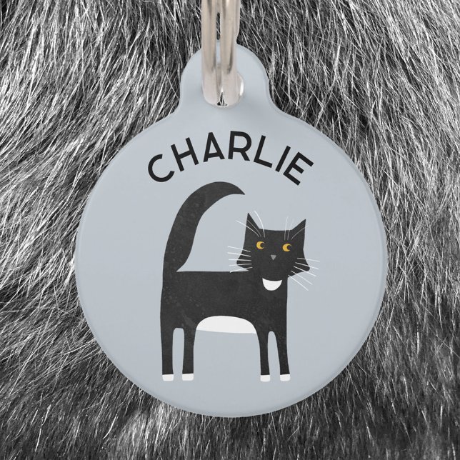 Zwart Wit Tuxedo Kat Gepersonaliseerd Huisdierpenning (Fun black and white Tuxedo cat pet tag with personalized custom name and details)