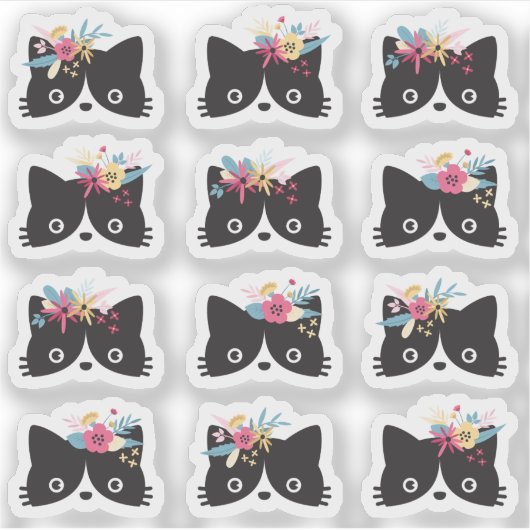 Zwart & wit Tuxedo kat gezichten met bloemenkronen Sticker (Voorkant)