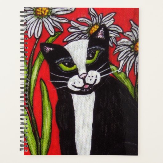 Zwart Wit Tuxedo Kat Groene Ogen Daisy Bloemen Planner (Voorkant)