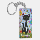 Zwart-wit Tuxedo Kat in een tuin personaliseren Sleutelhanger (Voorkant Links)