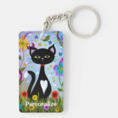 Zwart-wit Tuxedo Kat in een tuin personaliseren Sleutelhanger (achterkant)