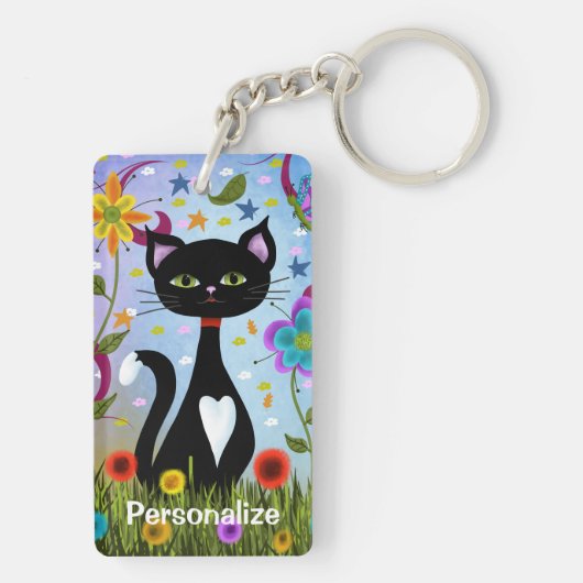 Zwart-wit Tuxedo Kat in een tuin personaliseren Sleutelhanger (achterkant)