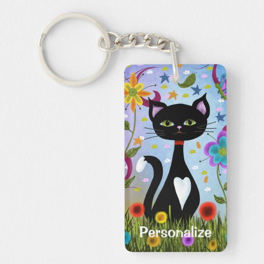 Zwart-wit Tuxedo Kat in een tuin personaliseren Sleutelhanger (Voorkant)