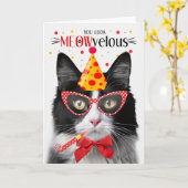Zwart-wit Tuxedo Kat MEOWvelous Verjaardag Kaart (Gele Bloem)