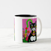 Zwart-wit Tuxedo Kat met Bloemen Tweekleurige Koffiemok (Voorkant rechts)