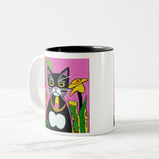Zwart-wit Tuxedo Kat met Bloemen Tweekleurige Koffiemok (Voorkant links)